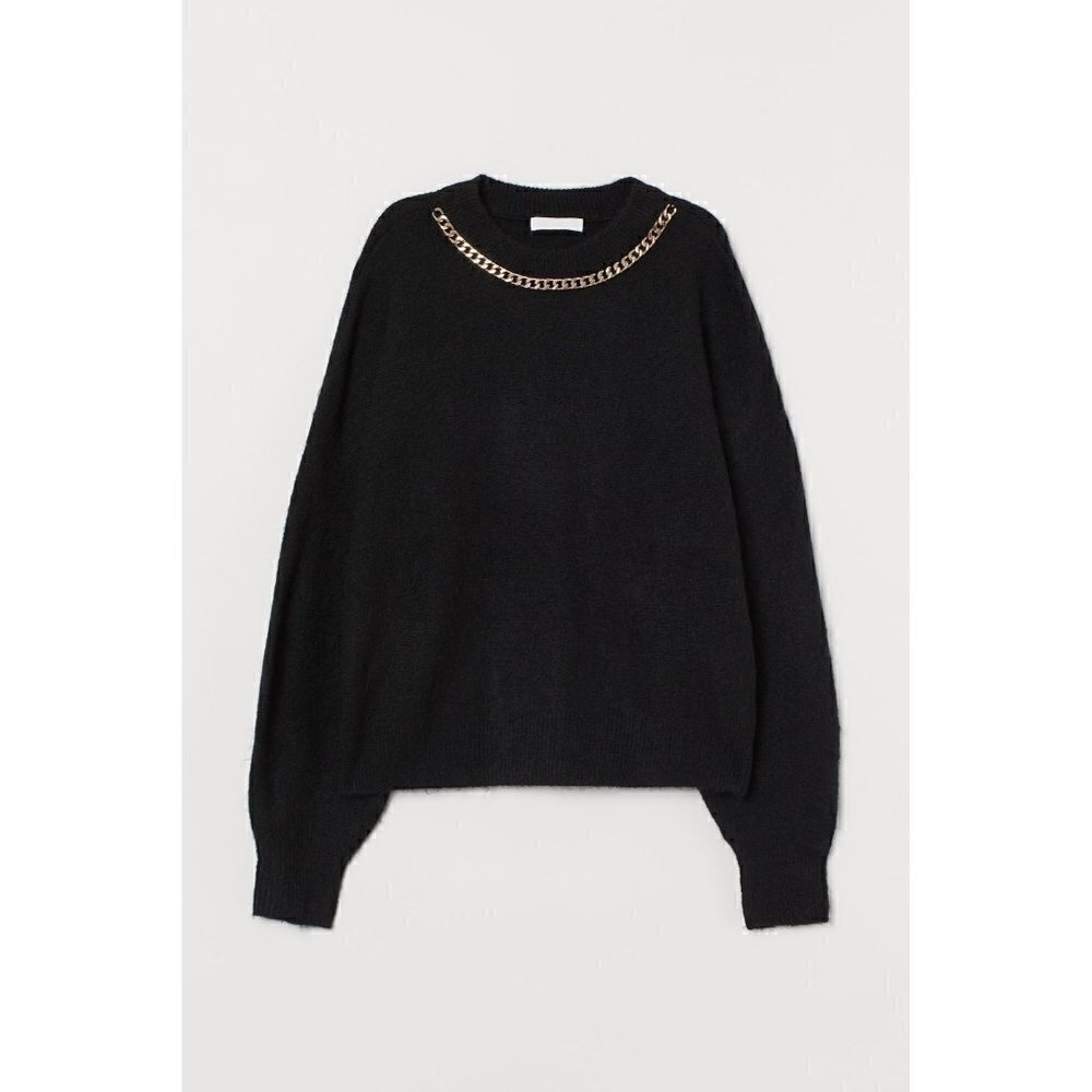 h&m black knit sweater with gold chain detail on neck size S